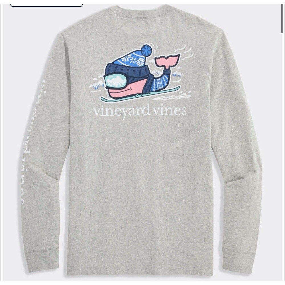 Vineyard Vines Downhill Ski Whale Long-Sleeve Pocket Cotton Gray Tee Sz M